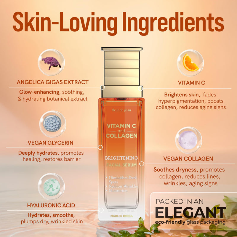 Fleur De Peau Vitamin C Serum For Face With Collagen – Dermatologist Tested, Anti-Aging, Even Skin Tone, Reduces Fine Lines, Improves Radiance & Texture – 95% Natural, Clean Beauty – Korean Skin Care Vitamin C & Collagen