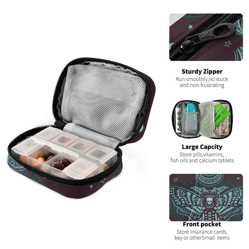 Travel Pill Organizer Bag Weekly Pill Organizer Case Gothic Skull Butterfly Portable Small Daily Pill Boxes for Vitamin Fish Oils Supplement Holder with Zipper Compact Size Skulls 214