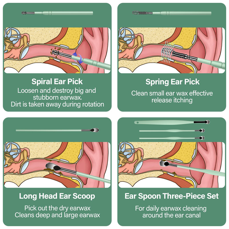 [Australia] - POZILAN Ear Cleaning Kit with LED Light - 15 Pack Ear Wax Removal Kit for Kids and Adults, Earwax Spoon Digger & Tweezers for Ear Cleaning Tool Present SetÔºàGreenÔºâ Green 
