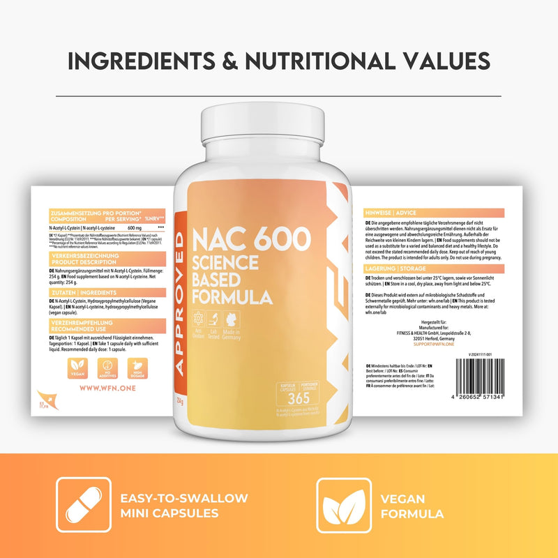 WFN Approved NAC 600 mg per Capsule - N-Acetyl-L-Cysteine - 365 Capsules Annual Supply - Highly dosed, Vegan, Without additives - Produced & Laboratory Tested in Germany 600mg - Capsules