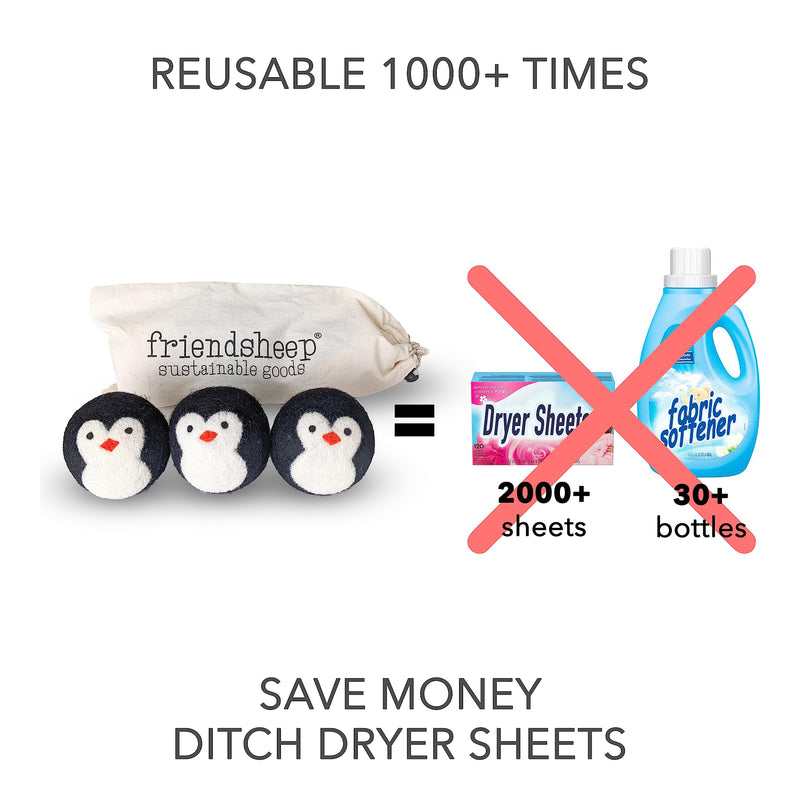 [Australia] - Wool Dryer Balls by Friendsheep 3 Pack XL Organic Premium Reusable Cruelty Free Handmade Fair Trade No Lint Fabric Softener Penguin Trio 