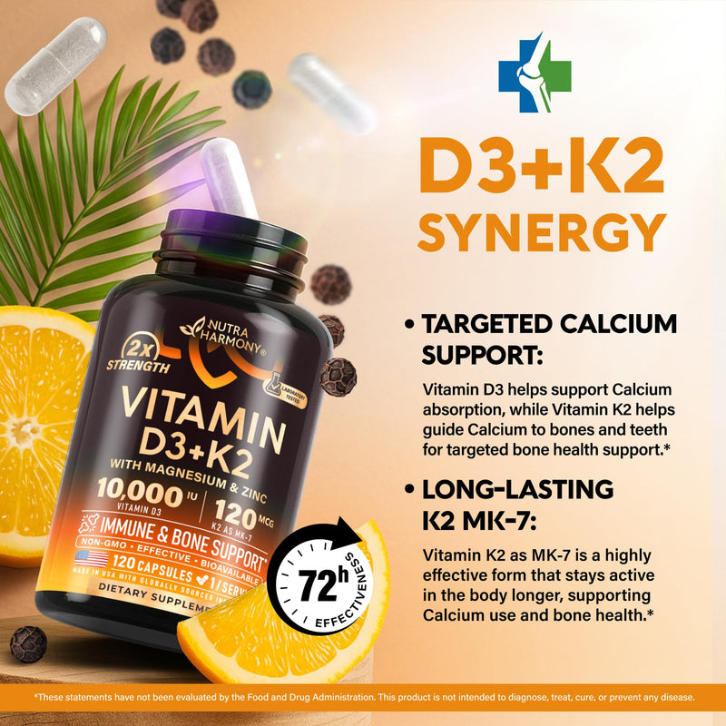 Vitamin D3 K2 - Vitamin D3 10000 iu & K2 as MK-7 120 mcg Complex - 120 Caps | D3 K2 + Magnesium, Zinc & Vitamin C & B12- Immune & Mood Support, Bone & Teeth Health - for Men & Women - Highly Bioavailable 120 Count (Pack of 1)