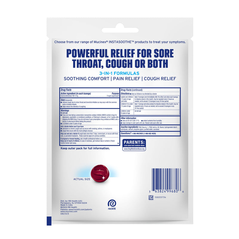 [Australia] - Mucinex Instasoothe Sugar Free Cough Drops, Cough Medicine for Adults with Dextromethorphan HBr, Non Menthol Cough Drops, Cough Suppressant Lozenges, Mixed Berry Medicated Cough Drops, 40ct 
