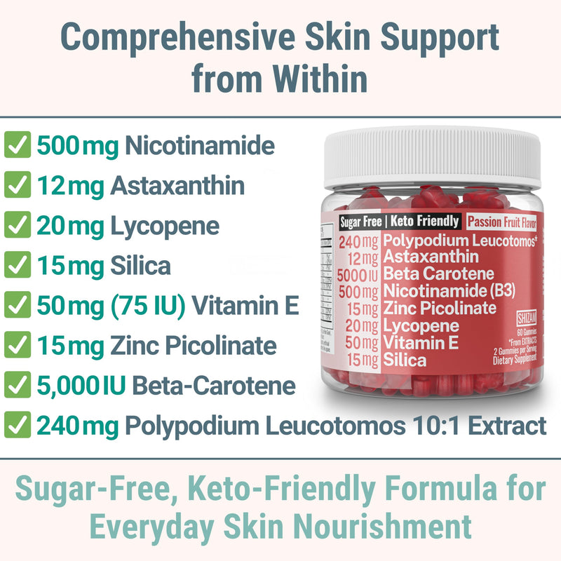 SHIZAM Astaxanthin Polypodium Leucotomos Zinc Picolinate Lycopene Vitamin E B3 Nicotinamide Silica Gummies
