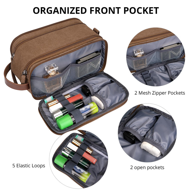 WITZMAN Canvas Toiletry Bag for Men Travel Toiletries Large 7L Dopp Kit | Multi-pockets with Dry-wet Pocket, Side Handle for Hanging, Lightweight, For Daily Use, Bathroom, Make up, A8002 Brown
