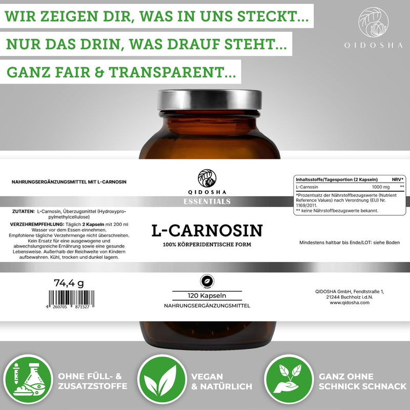 [Australia] - QIDOSHA® L-carnosine capsules high dosage, 120 capsules in a pharmacist jar, 500mg/capsule, vegan, laboratory tested, German production 