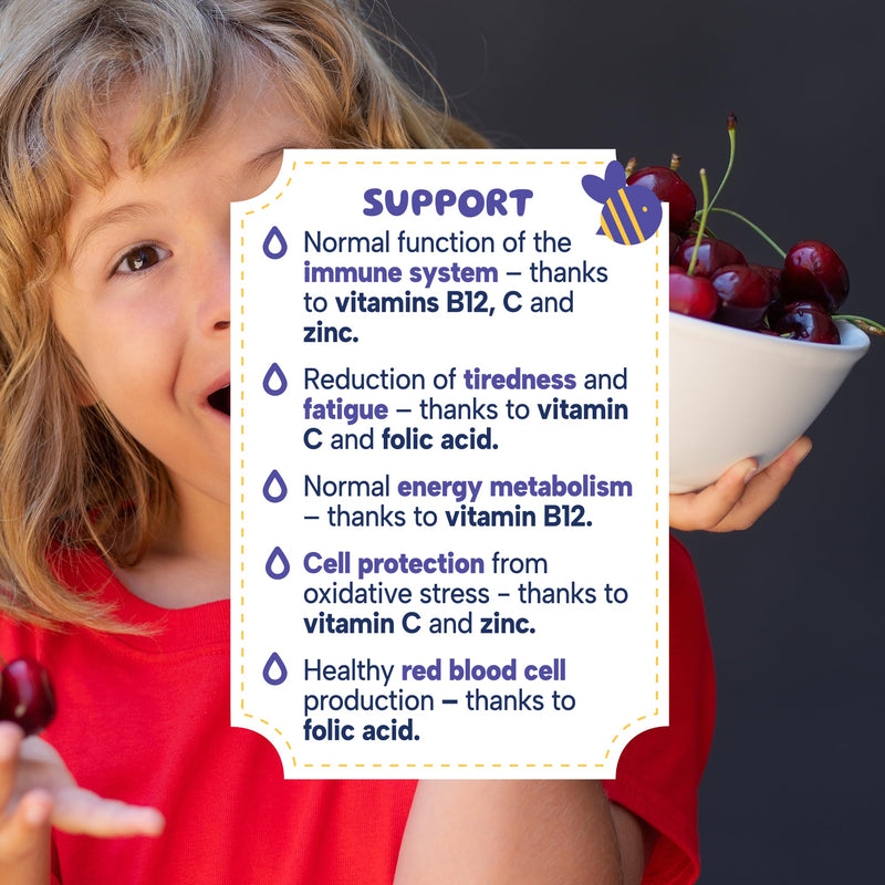 MinaKIDS Immune Defence Drops - Yummy Cherry Flavoured Liquid Supplement for Babies and Children with Elderberry, Zinc, Vitamin C & B12 and Folic Acid, Sugar-Free, Vegan, 60ml