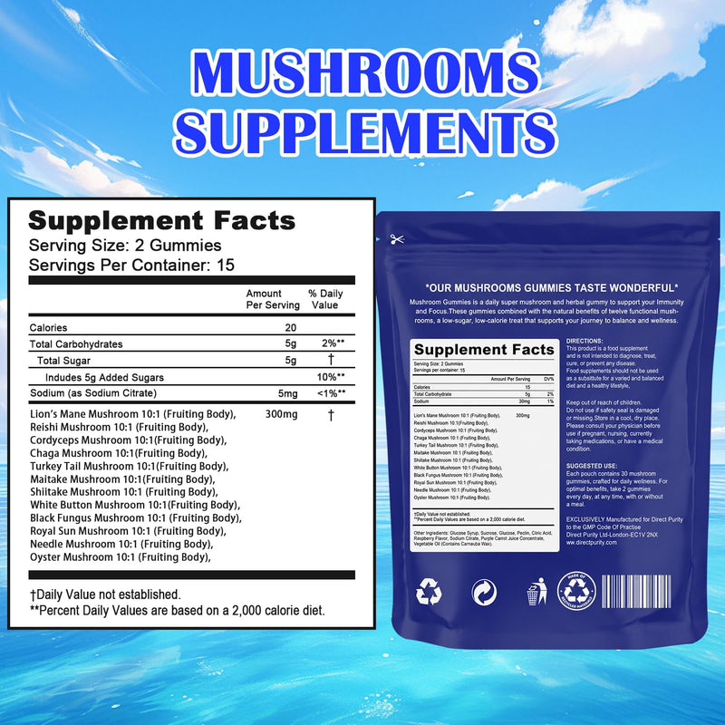 12-in-1 Mushroom Gummies with Lion’s Mane: Enhance Energy & Focus Mushroom Supplement, Reish, Raspberry Flavor, 30 Gummies