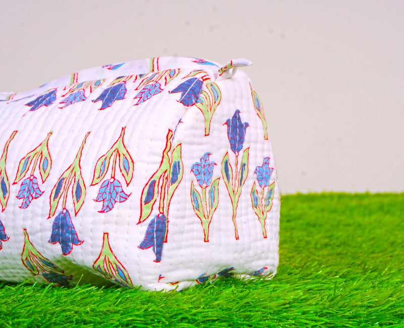 Generic Set of 3 Pieces Indian Handmade Cotton Quilted Handmade Floral Hand Block Print Toiletry Bag,Cosmetic Pouch Bag Makeup Bag For Women (Cotton, White A), 44999