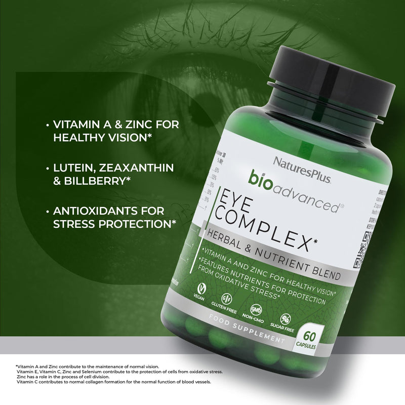 NaturesPlus Bio Advanced Eye Complex - Vision and Eye Supplement, Tired and Dry Eyes, Blue Lights, Antioxidants - Lutein, Vitamin A, C, E, Zinc, Botanicals - Vegan, Gluten-Free - 60 Capsules