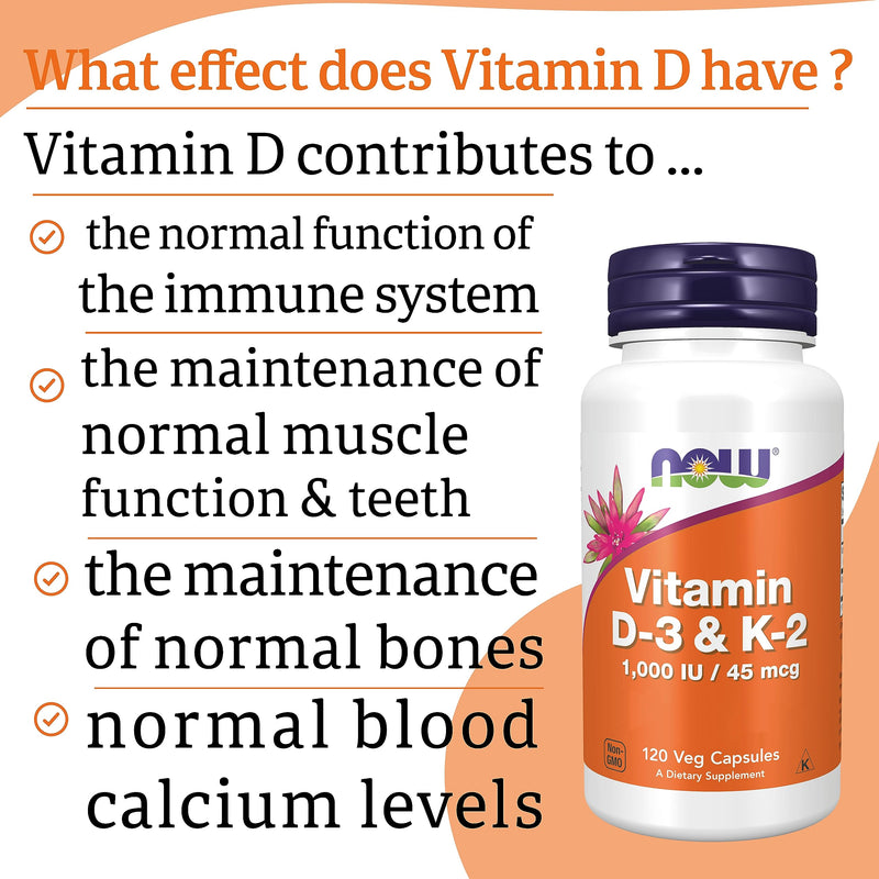 Now Foods, Vitamin D3 & K2, 1,000IU, 120 Capsules, Lab-Tested, Multivitamins, Gluten Free, Soy Free, Vegetarian
