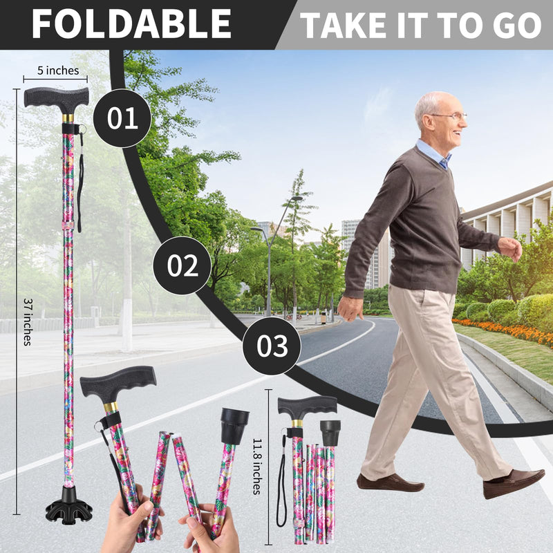 [Australia] - Walking Cane ATMTV Cane for Woman | Mobility & Daily Living Aids | 5-Level Height Adjustable Walking Stick | Comfortable Plastic T-Handle Portable Folding Cane with Replace Tip Purple Flower A-Cane Pink Printing 