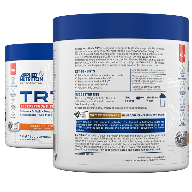 Applied Nutrition TRT for Men Over 40 | Zinc, Magnesium, D-Aspartic Acid, Maca, Ashwagandha & Sea Moss | Informed Sport – Orange Burst (300g – 30 Servings) 30 Servings (Pack of 1)
