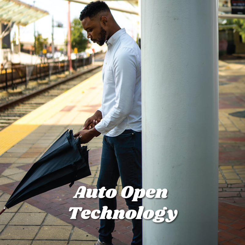 Totes Auto Open Water Repellent Stick Umbrella with Classic Wood J Hook Handle Black Blue White Check One Size