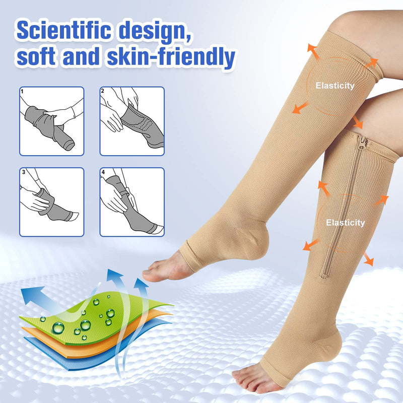 [Australia] - bropite Compression Socks with Zip, 2 Pairs, Calf Height, Open Toe, Compression Socks L-XL B- NUDE 