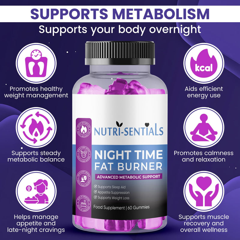 Night Time Gummies- Metabolism & Sleep Support Supplement- Promotes Relaxation & Wellness for Women & Men- Natural Weight Management Gummies with Mixed Berry Flavour- 60 Count
