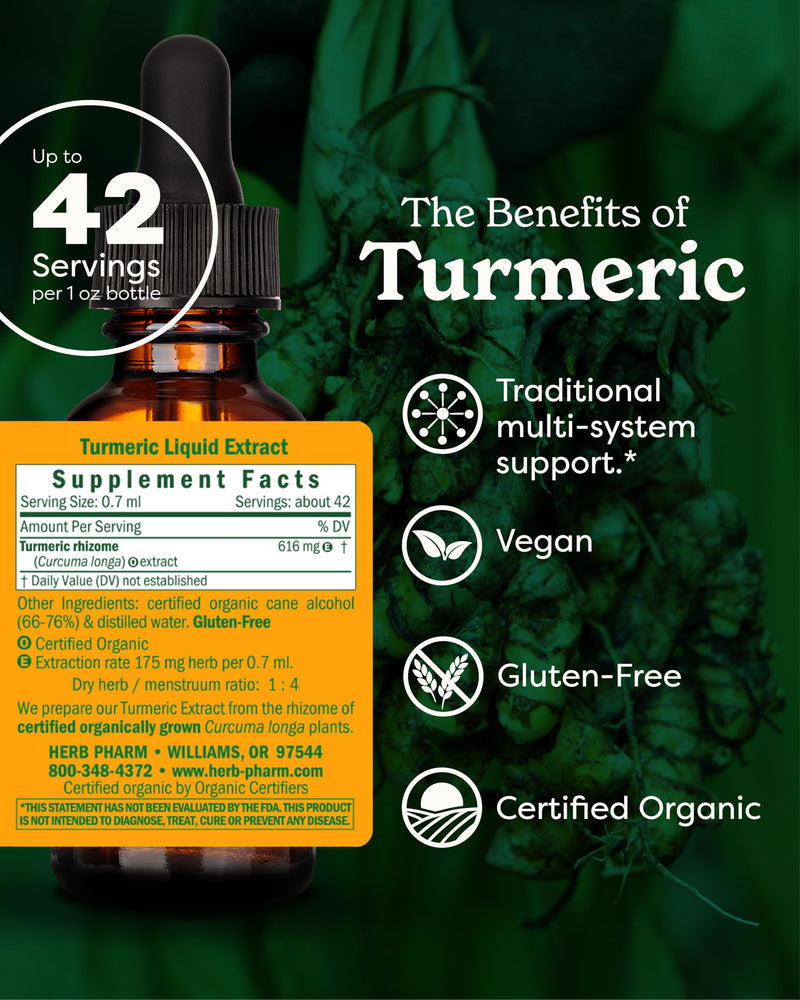 Herb Pharm Certified Organic Turmeric Liquid Herbal Extract 30ml | Traditionally Used for Multi-System Support & Wellbeing | Herbal Food Supplement 30 ml (Pack of 1)