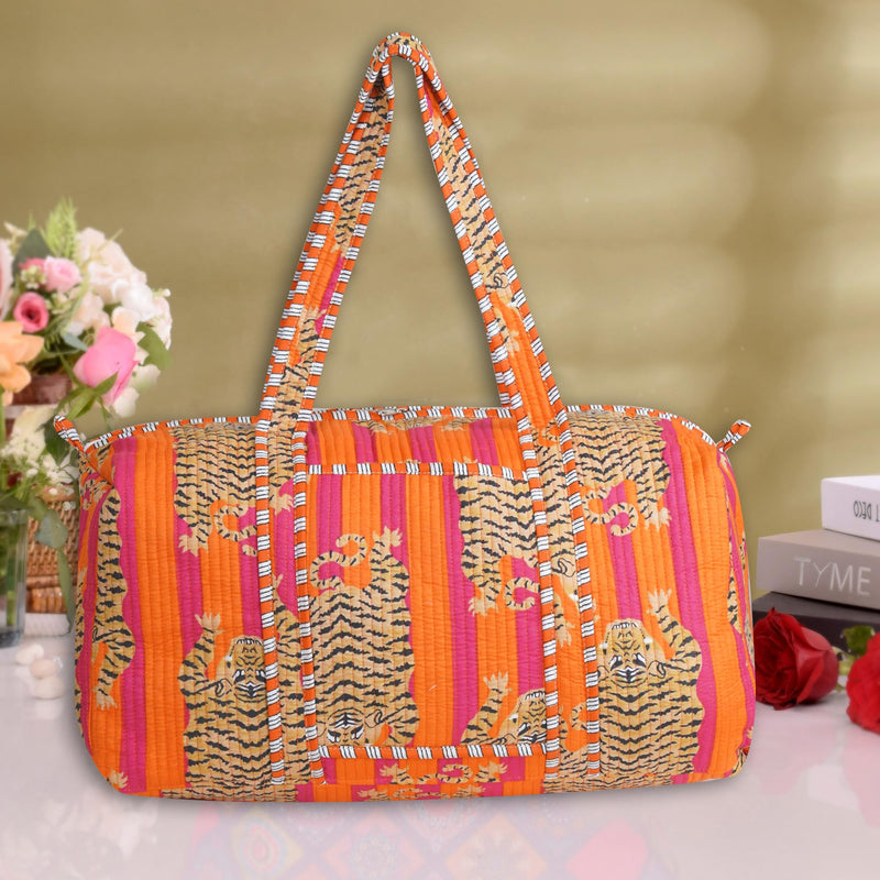 LKGSM Handmade Cotton Quilted Weekender Bag, Floral Indian Print Duffle, Bohemian Overnight Travel Tote for Women, Large Carry-on Luggage, Floral Gym Bag (A) A