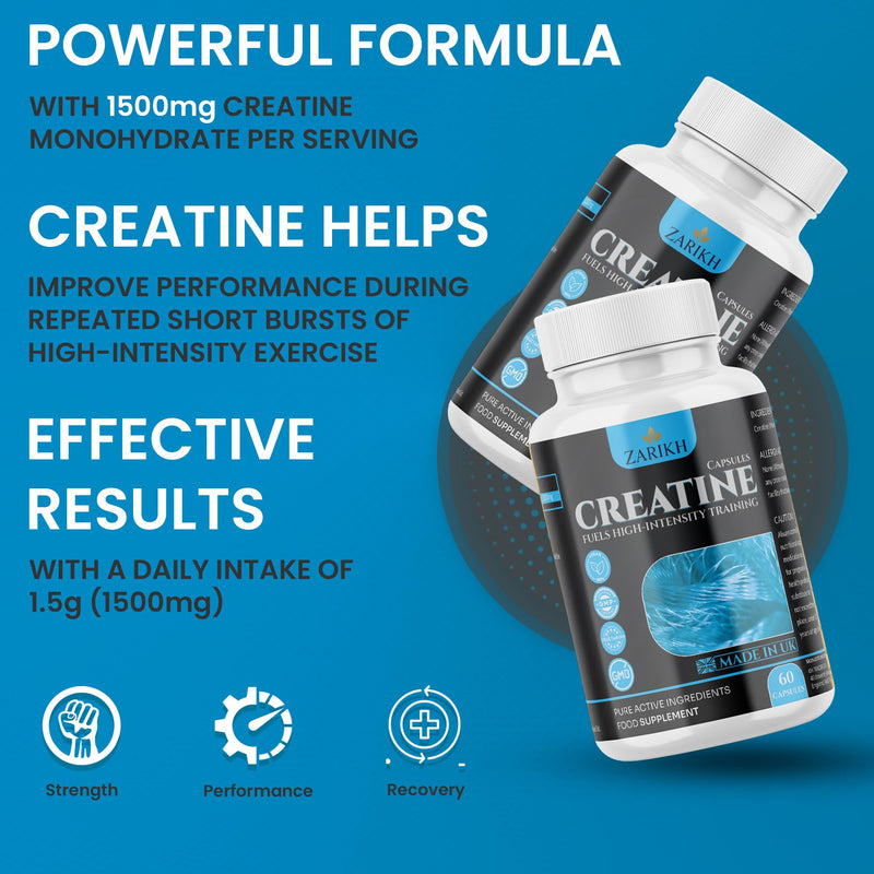 Creatine monohydrate Capsules | Supports Lean Muscle Mass, Recovery, Energy & Performance | Unflavoured creatine Capsules for Men & Women | 1500mg creatine per Serving | 60 Capsules | UK Made