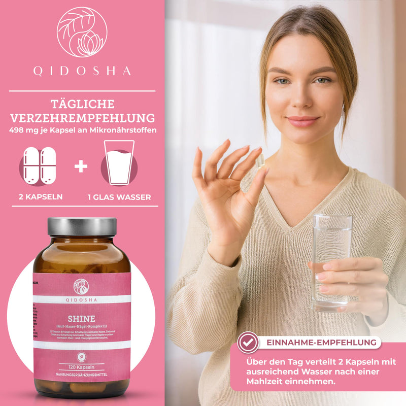 [Australia] - QIDOSHA® SHINE skin, hair & nails complex, 120 capsules in a pharmacy jar, silicon complex with silicon, hyaluronic acid, zinc, selenium, copper & vitamins, German production, skin hair nails capsules 