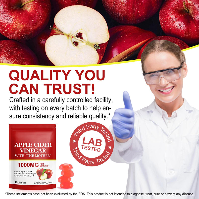 Apple Cider Vinegar Gummies - 90 Count, 1000mg ACV Gummy with Folic Acid, Gelatin-Free, Gluten-Free, Vegan & Non-GMO