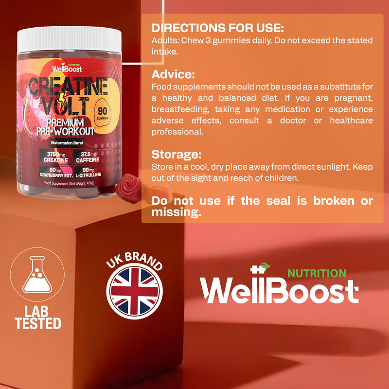 WellBoost Creatine Volt 90 Gummies – Creatine, Caffeine, L-Citrulline, Cranberry Extract, Watermelon Extract – Vegan, Sugar-Free, Watermelon Flavour – Energy, Endurance, Lean Muscle – 1 Month Supply