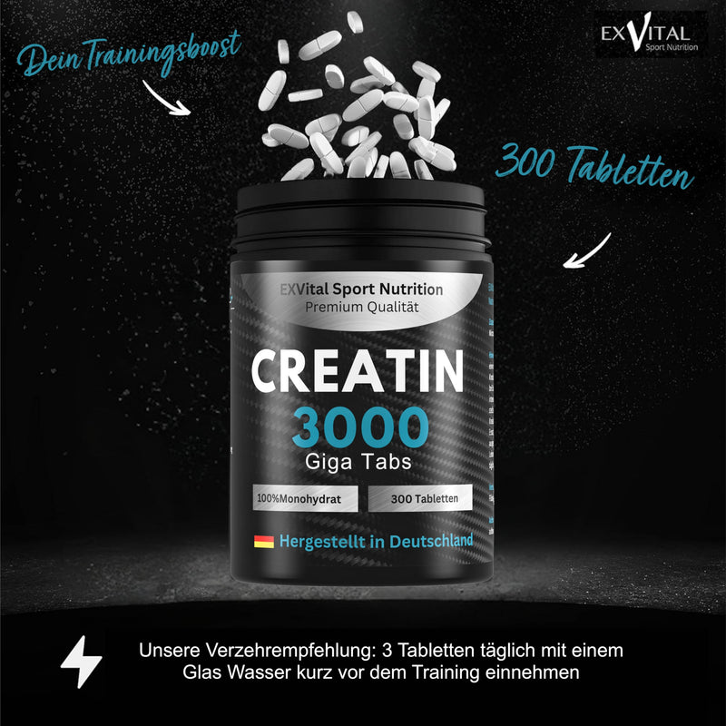 [Australia] - Creatine 3000 Giga Tabs, 3450mg creatine monohydrate per daily dose, 300 vegan tablets, alternative to creatine capsules & powder, training, sport, fitness 