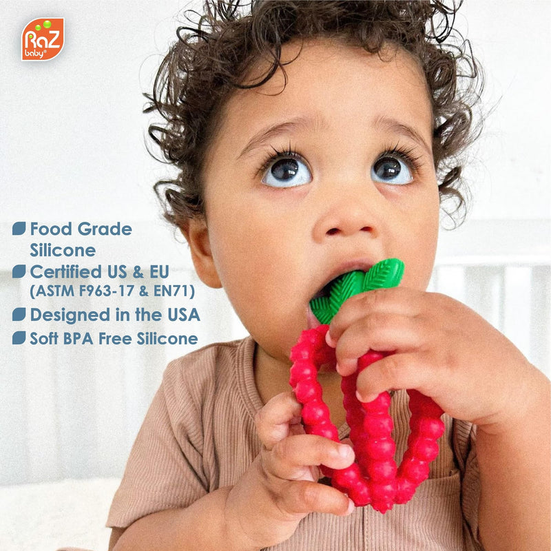 [Australia] - RaZbaby Silicone Infant & Baby Teething Toy, Textured BerryBumps Soothe Babies’ Sore Gums, RaZberry Bites Relief Teether, Back & Front Teeth, BPA Free, Easy to Hold, Fruit Shape for Babies 3M+ - Red 