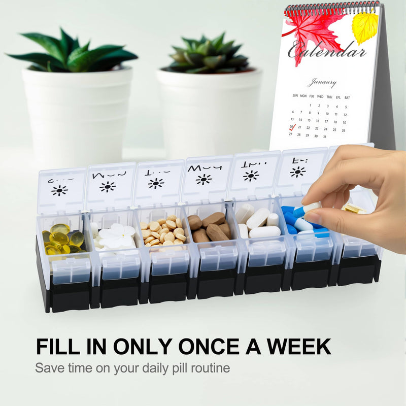 XL Weekly Pill Organizer Twice a Day, Arthritis Friendly（B&W） | AM PM Travel 7 Day Pill Box Case, Large Pill Case to Hold Vitamins, Fish Oil,Supplements and Medication Day & Night