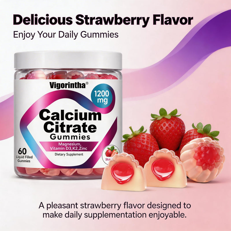 Calcium Citrate Gummies 1200mg with Magnesium,Vitamin D3, K2, Calcium Supplements for Women & Men- Easy to Digest, Vegan, Gluten Free,Sugar Free- Strawberry Flavor, 120 Calcium Gummies 60 Count (Pack of 2)