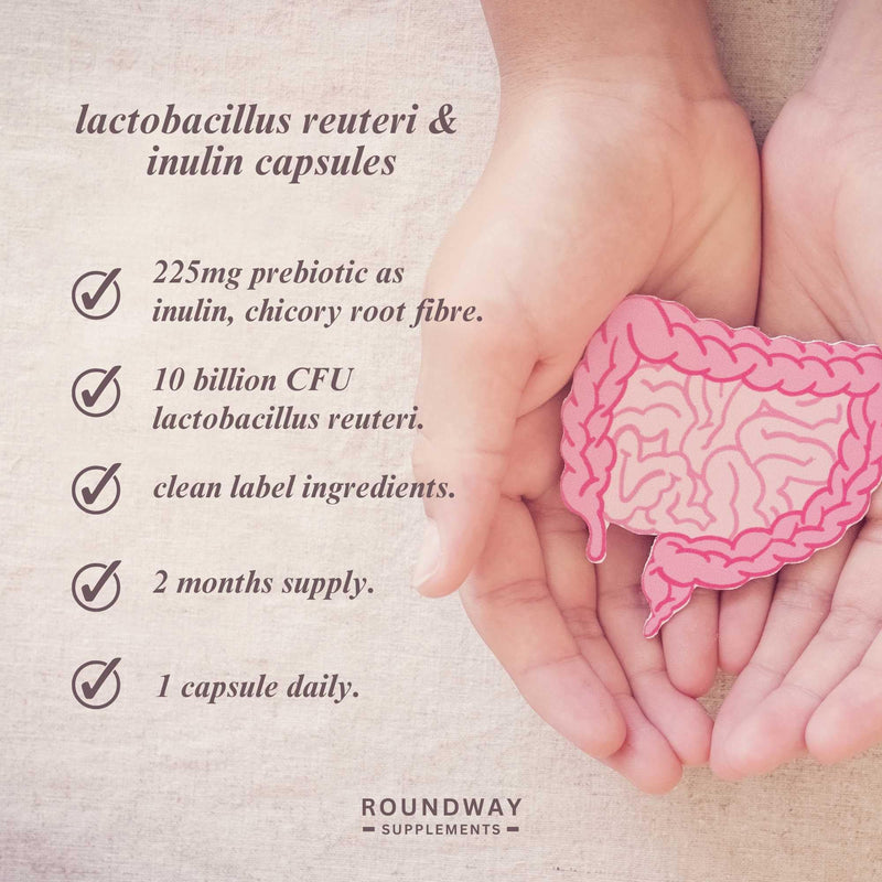 Lactobacillus Reuteri Probiotic Capsules | High Strength L Reuteri 10 Billion CFU | Probiotics for Gut Health | 2 Months Supply for Women & Men with Added Inulin Prebiotic by Roundway Supplements