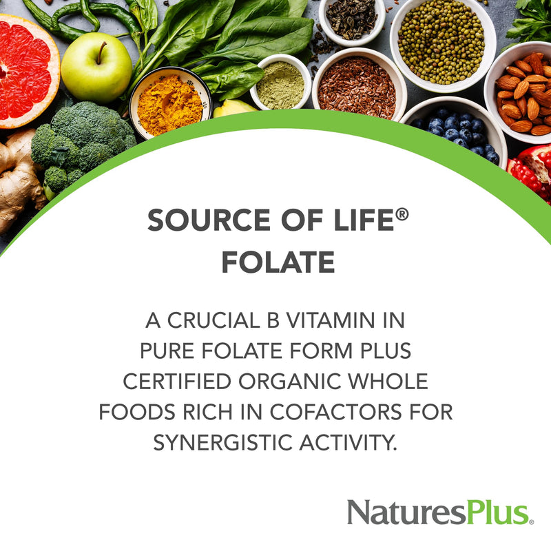 NaturesPlus Source of Life Garden Folate - 60 Capsules - Promotes Prenatal Health & Fetal Development - Immune & Muscle Support - Non-GMO, USDA Certified Organic, Vegan, Gluten Free - 60 Servings