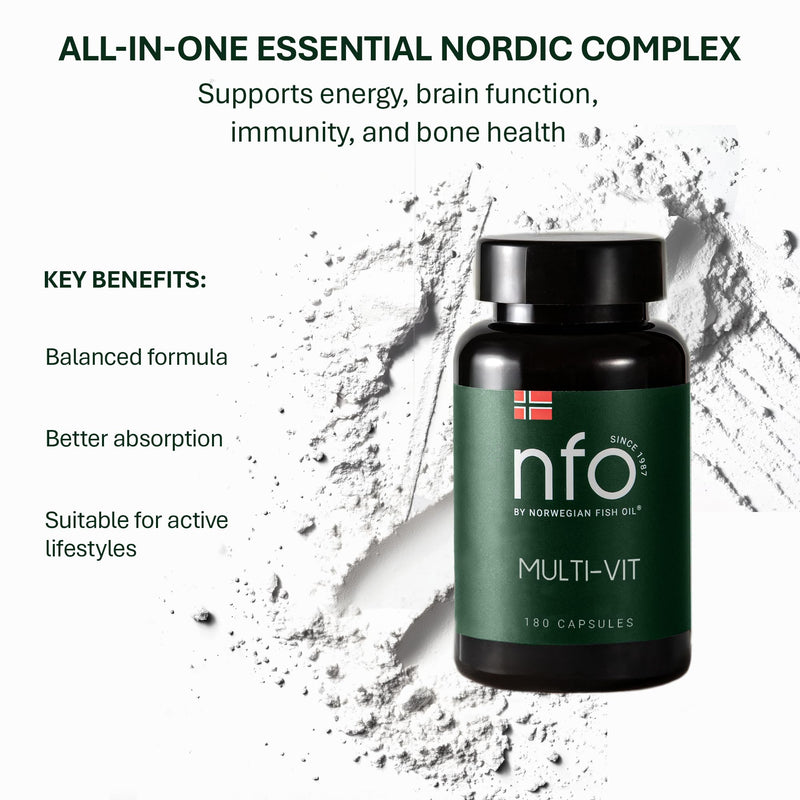 NFO Multi-VIT Energy [180 Capsules] Norwegian Fish Oil Natural high-dose Complex Each Vitamin and Mineral in Our Multivitamin is calibrated for Maximum Synergy Made in Norway