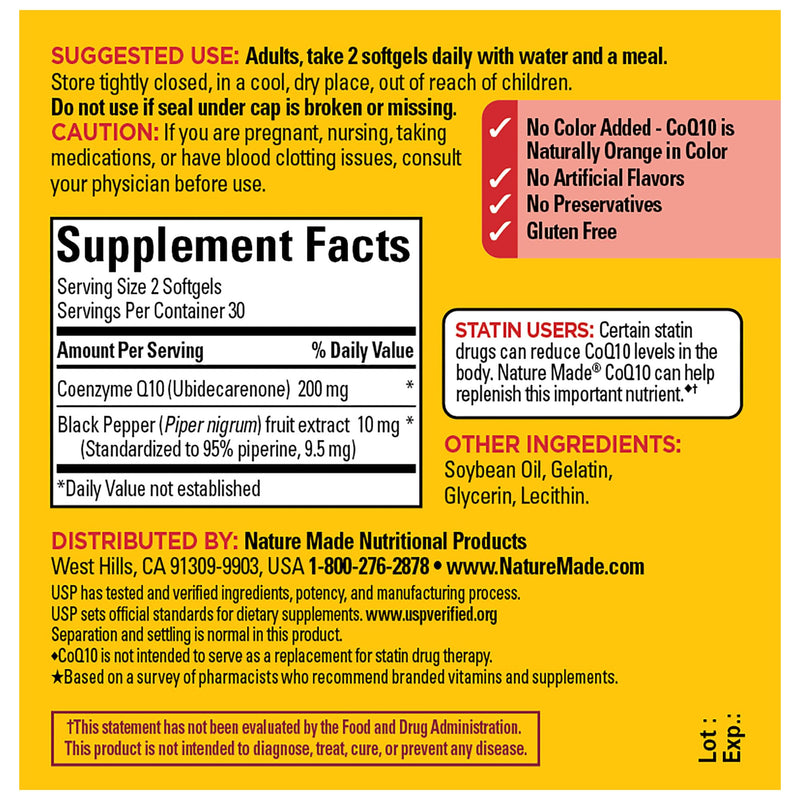 [Australia] - Nature Made CoQ10 200mg per Serving with Black Pepper Extract for Enhanced Nutrient Absorption, Heart Health Support, 60 Softgels, 30 Day Supply 