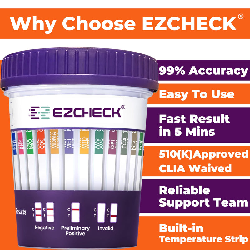 [5 Test Cups] 14-Panel EZCHECK® Multi-Drug Urine Test Cup – at-Home Instant Testing for 14 Substances - Fast Result in 5 mins