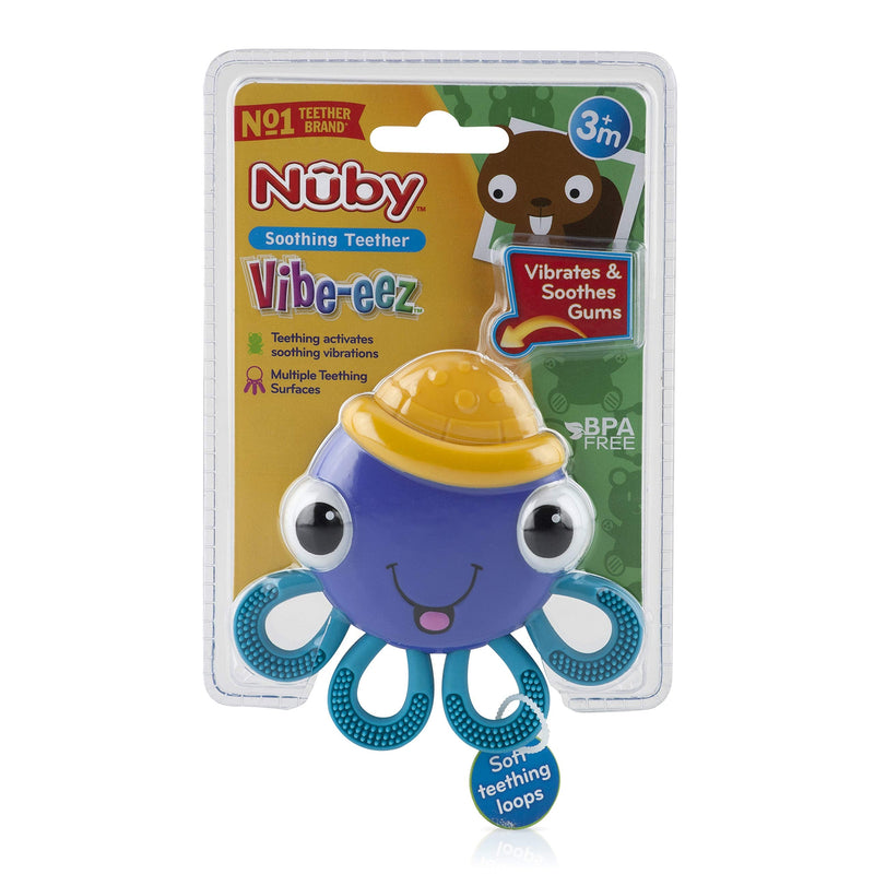 [Australia] - Nuby Vibe-eez Vibrating Teether - Battery Powered - Textured Surface and Easy to Grasp Toy for Baby Teething Relief - 3+ Months - Octopus 