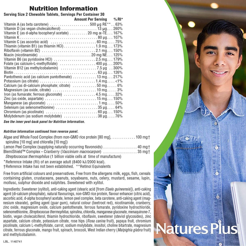 NaturesPlus Power Teen for Him - Tasty Plant Based Chewable Multi Vitamins and Minerals for Teen Boys - Vegan, Gluten Free - 60 Wild Berry Flavour Tablets