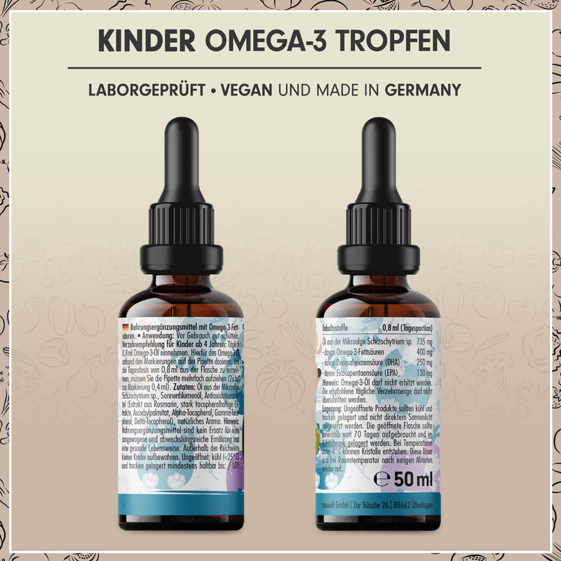 [Australia] - Omega-3 Vegan for CHILDREN (50 ml) - DHA & EPA - Omega-3 algae oil with 250 mg DHA and 130 mg EPA per day - delicious orange flavor - laboratory tested with certificate - supply for 62 days - 100% vegan 1x 50 ml algae oil 