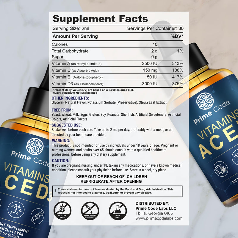 [Australia] - Prime Code Liquid Vitamin A Supplement for Women & Men with Vitamin C E and D3, Vitamin A C E D3 Drops for Adults, Non-GMO, Faster Absorption & Immune Support, Natural Orange Flavor Drops 