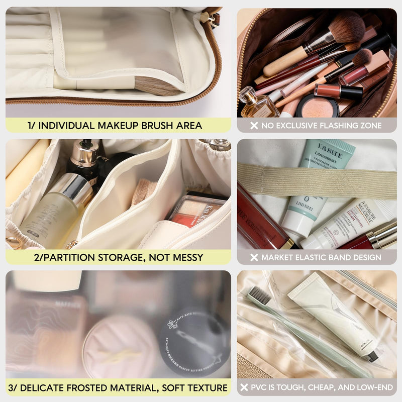 GIVLEFLY Makeup Bag for Women, Large Cosmetic Bag, Travel Toiletry Bag, Waterproof Nylon Organizer with Microfiber Leather, Flat Open for Skincare & Brushes Brown