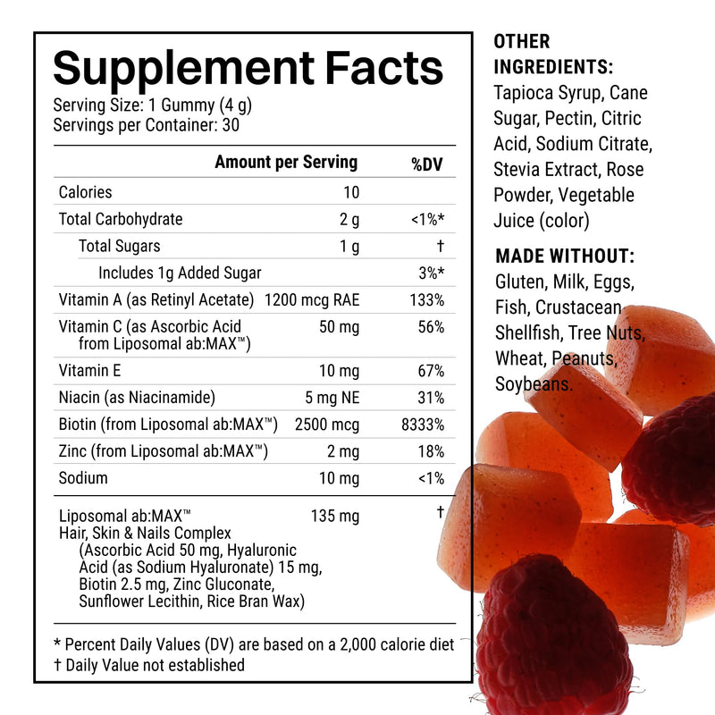 Haroutine Hair Skin & Nails Vitamins, Biotin Gummies for Hair Growth | 2500 mcg Biotin, 1200 mcg Vitamin A & 2 mg Vitamin E, Raspberry Rose Flavor