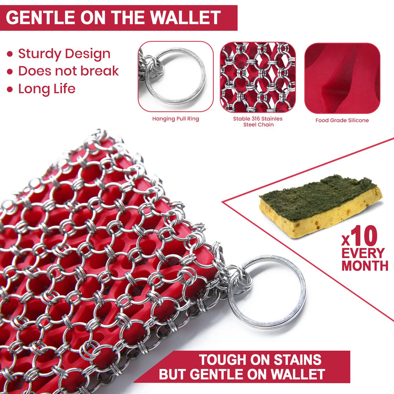 [Australia] - Cast Iron Scrubber with Bamboo Towel - 316 Cast Iron Cleaner Scrubber with Silicone Insert - Cast Iron Chainmail Scrubber for Cast Iron Pans - Cast Iron Skillet Scrubber for Cast Iron Cookware Red CIS with Towel 