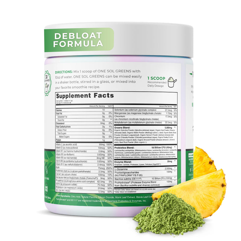 One Sol Super Greens Powder for Gut Health with Prebiotics & Probiotics | Organic greens and superfood blend with digestive enzymes for digestion and gut health support; vegan and soy-free.
