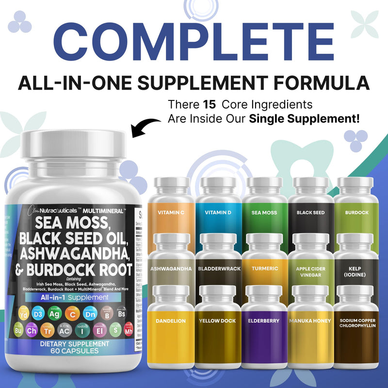 [Australia] - Clean Nutraceuticals Sea Moss Black Seed Oil Ashwagandha Turmeric Bladderwrack Burdock & Vitamin C Vitamin D3 with Elderberry Manuka Dandelion Yellow Dock Iodine Chlorophyll ACV 