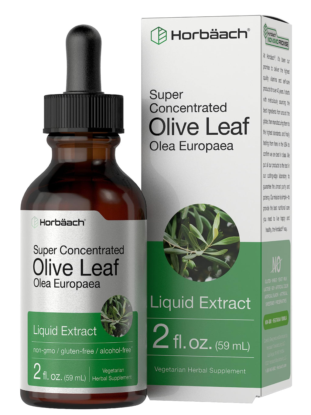 Horbäach Olive Leaf Extract Liquid | 2 fl oz | Super Strength | Alcohol Free, Vegetarian, Non-GMO, Gluten Free