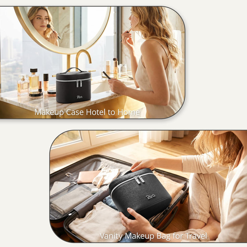 BOYATU Makeup Bag Vanity Case: Vegan Leather Cosmetic Bag for Women | Waterproof Travel Toiletry Bag with Removable Divider - Portable Organizer Bag with Handle 02 Black
