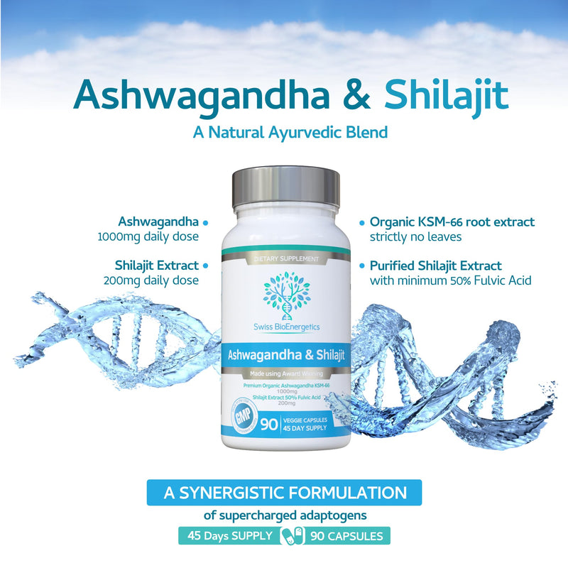 Ashwagandha & Shilajit - Award Winning Ashwagandha KSM-66 1000mg & Purified Shilajit Extract 200mg (60% Fulvic Acid) - No Artificial fillers, Binders or Flow Agents - Suitable for Vegans, Capsule