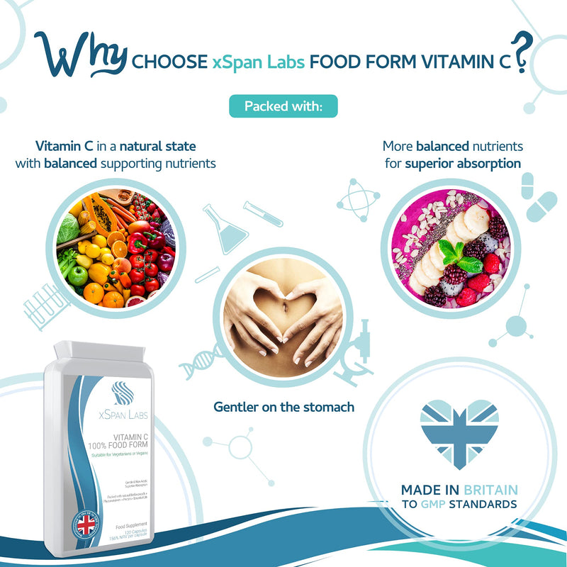Vitamin C 100% Food Form 120 Capsules – All Natural Food Form - Gentle & Non-Acidic