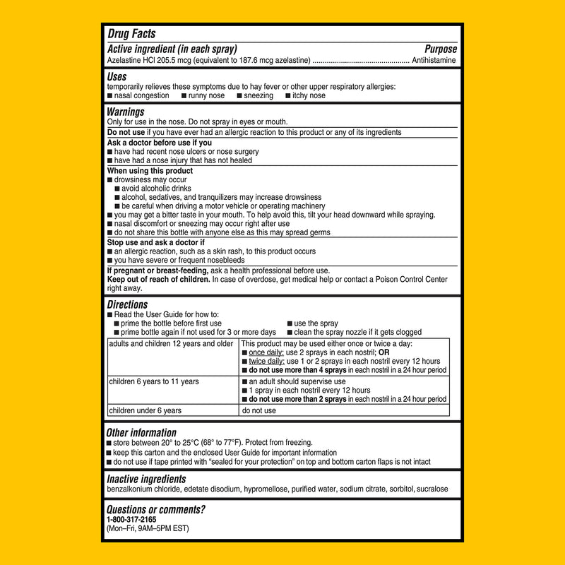 [Australia] - Astepro Nasal Spray, 24-Hour Allergy Relief, Steroid-Free Antihistamine, Nasal Congestion, Runny & Itchy Nose, For Adults and Children 6 Years and Older, 200 Metered Sprays (1 Bottle) 