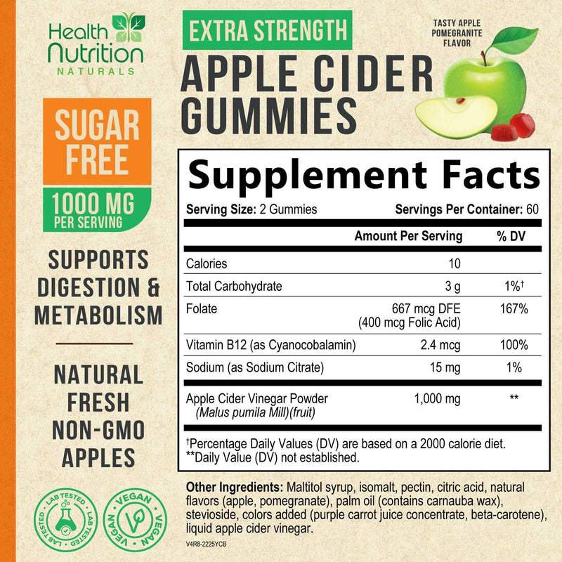 Apple Cider Vinegar Gummies Zero Sugar - Max Strength ACV Gummy Vitamins - Vitamin B12 & The Mother - Metabolism & Energy Support - Vegan Apple Cider Vinegar Gummy Supplement - Non-GMO - 120 Gummies 120 Count (Pack of 1)